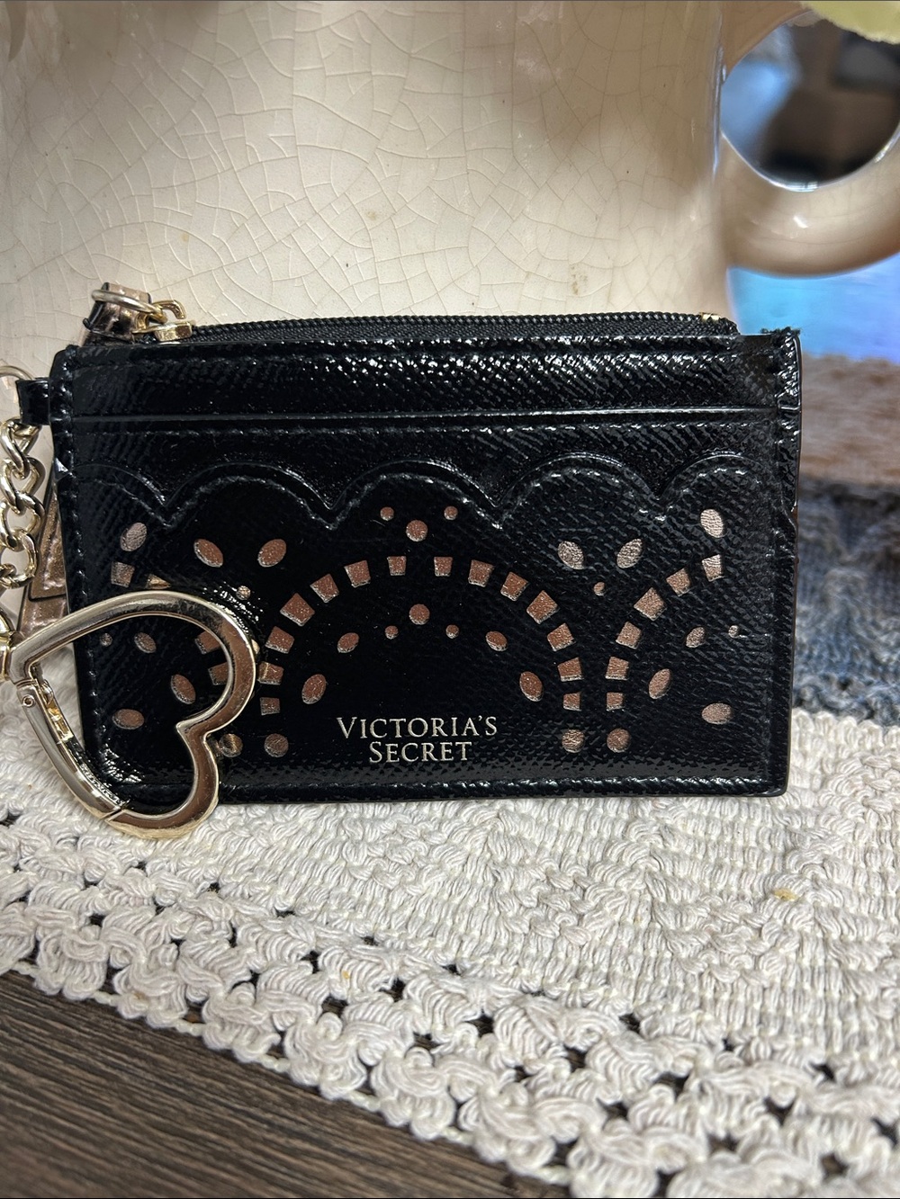 Victoria's Secret Black Card Case Keychain with Gold Accents